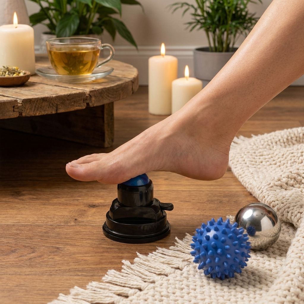 Een voetmassager met blauwe bal en twee massageballen (één met stekels, één glad) op een houten vloer.