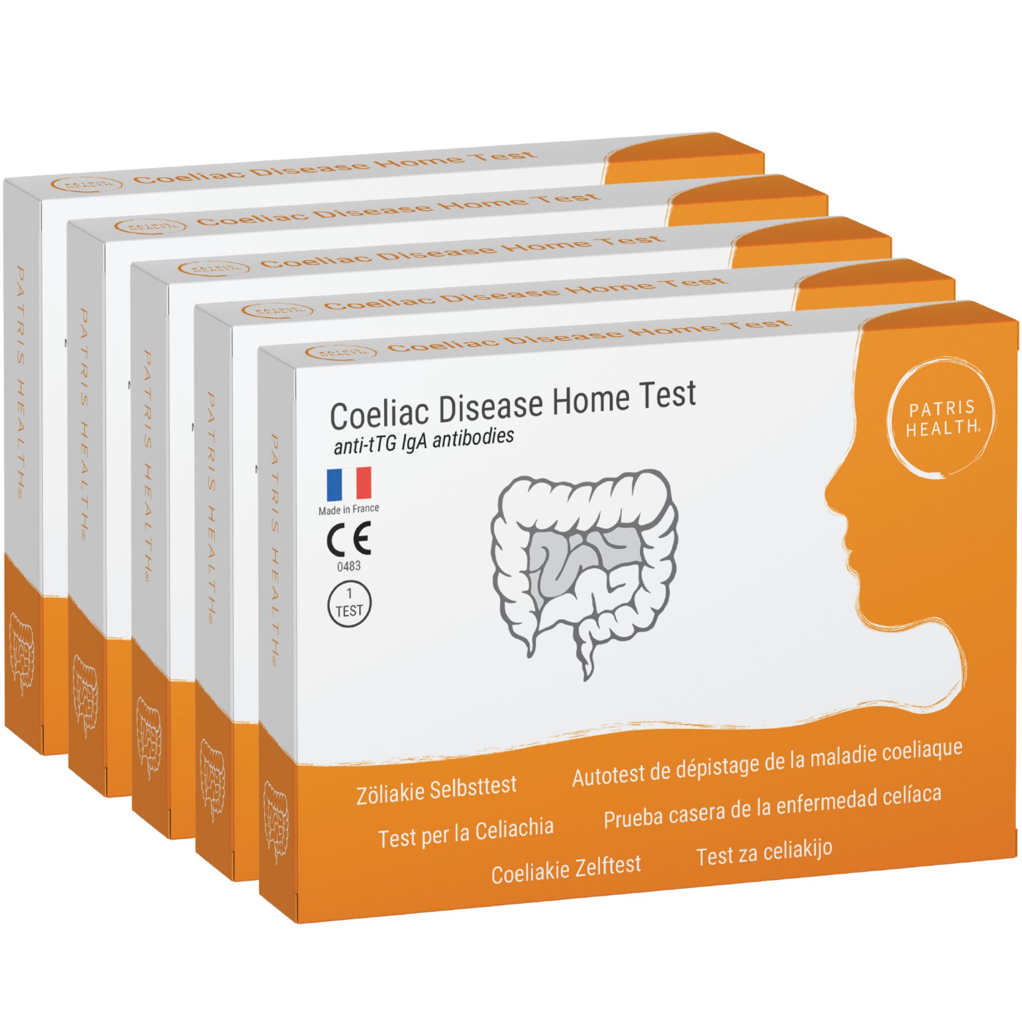 Meerdere verpakkingen van de test. Verpakking met productnaam, logo en CE-markering. Met Franse vlag.