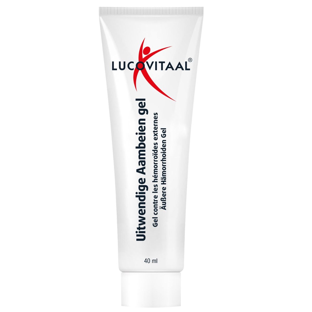 Witte tube met productnaam en logo. Bevat tekst in meerdere talen. 40 ml.