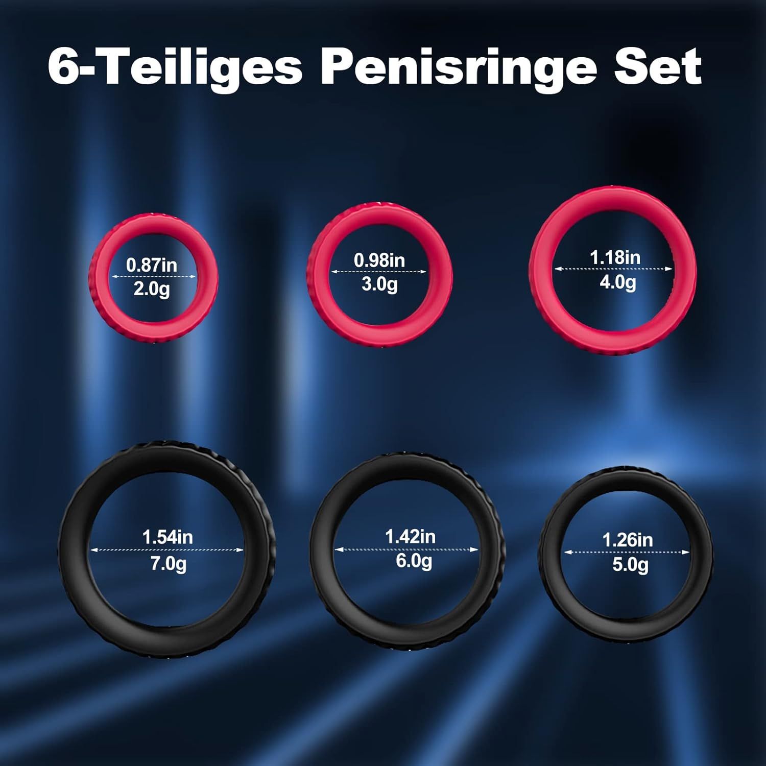 Set van zes rode en zwarte penissensringen met afmetingen van 0.87 tot 1.54 inch.