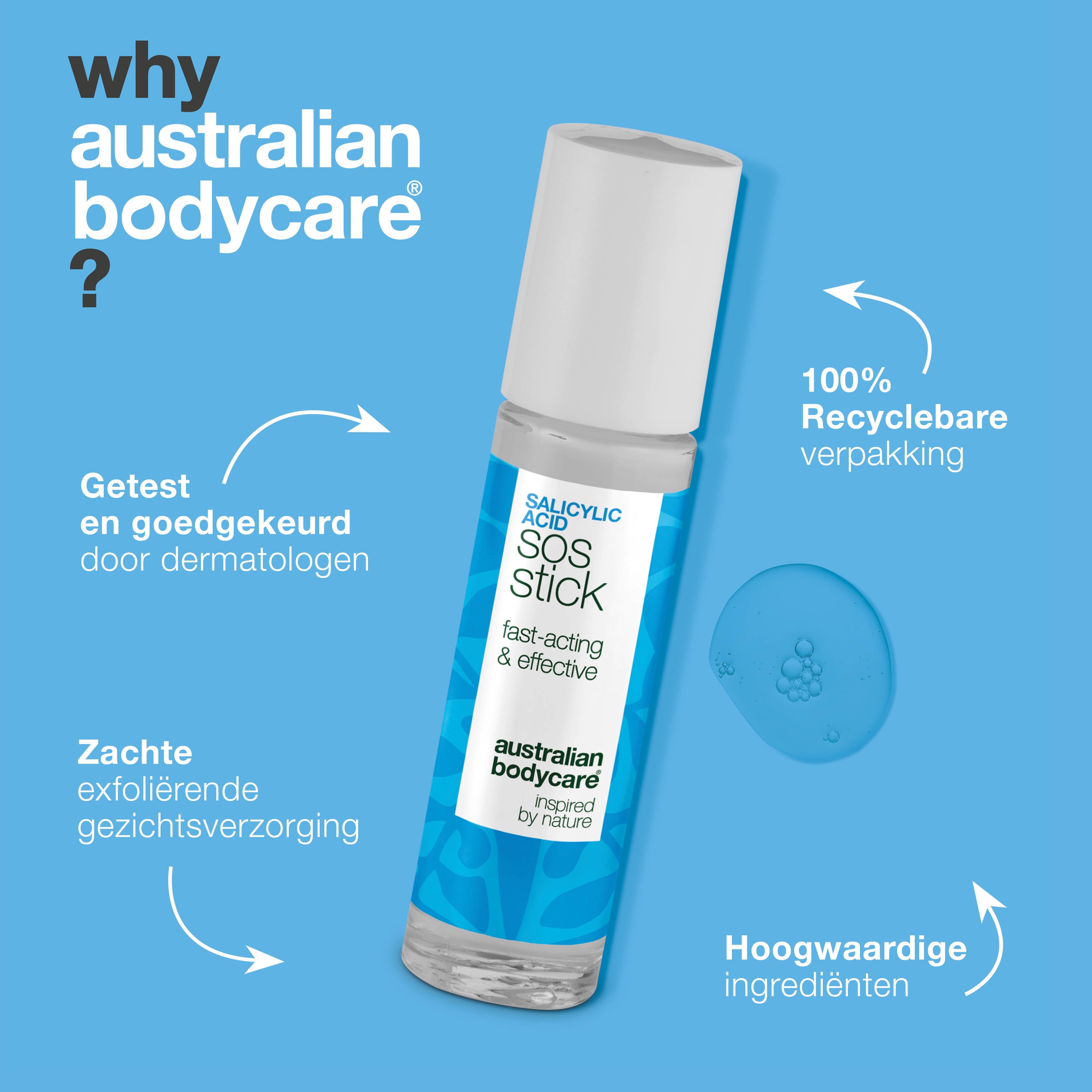 Stick met tekst: Getest en goedgekeurd door dermatologen, zachte exfoliërende gezichtsverzorging, 100% recyclebare verpakking. Blauwe en witte verpakking.