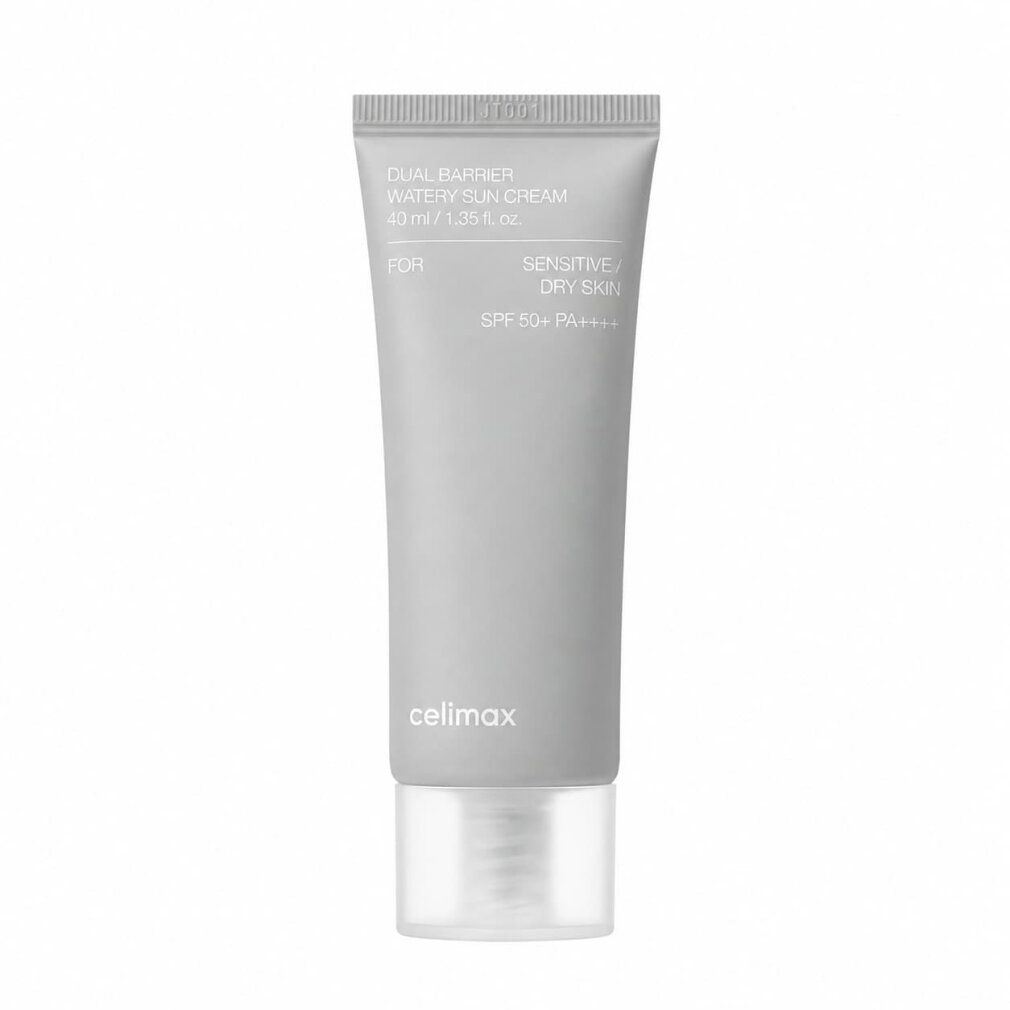Tube gris avec inscription argentée, pour peau sensible et sèche, FPS 50+.