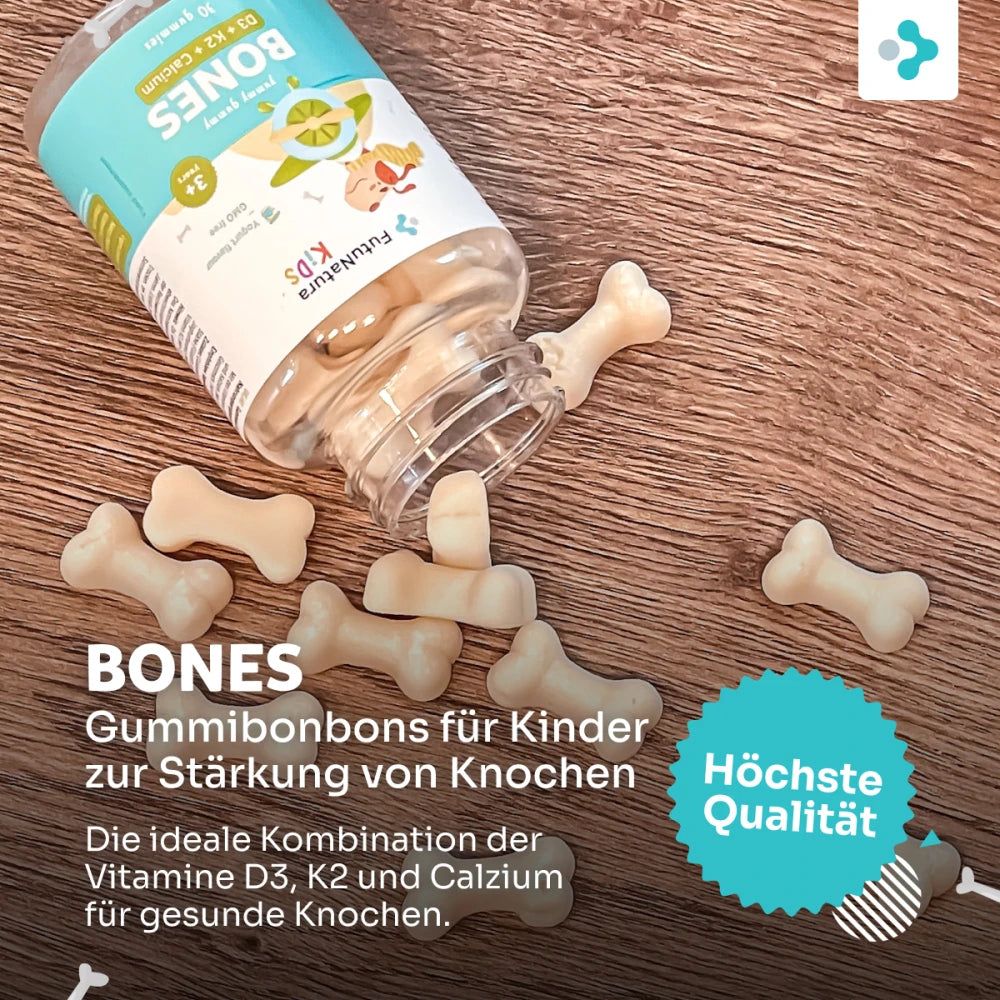 Fles FutuNatura Bones Gummies en botvormige gummies op hout. Tekst: Gummies voor kinderen voor de botten.