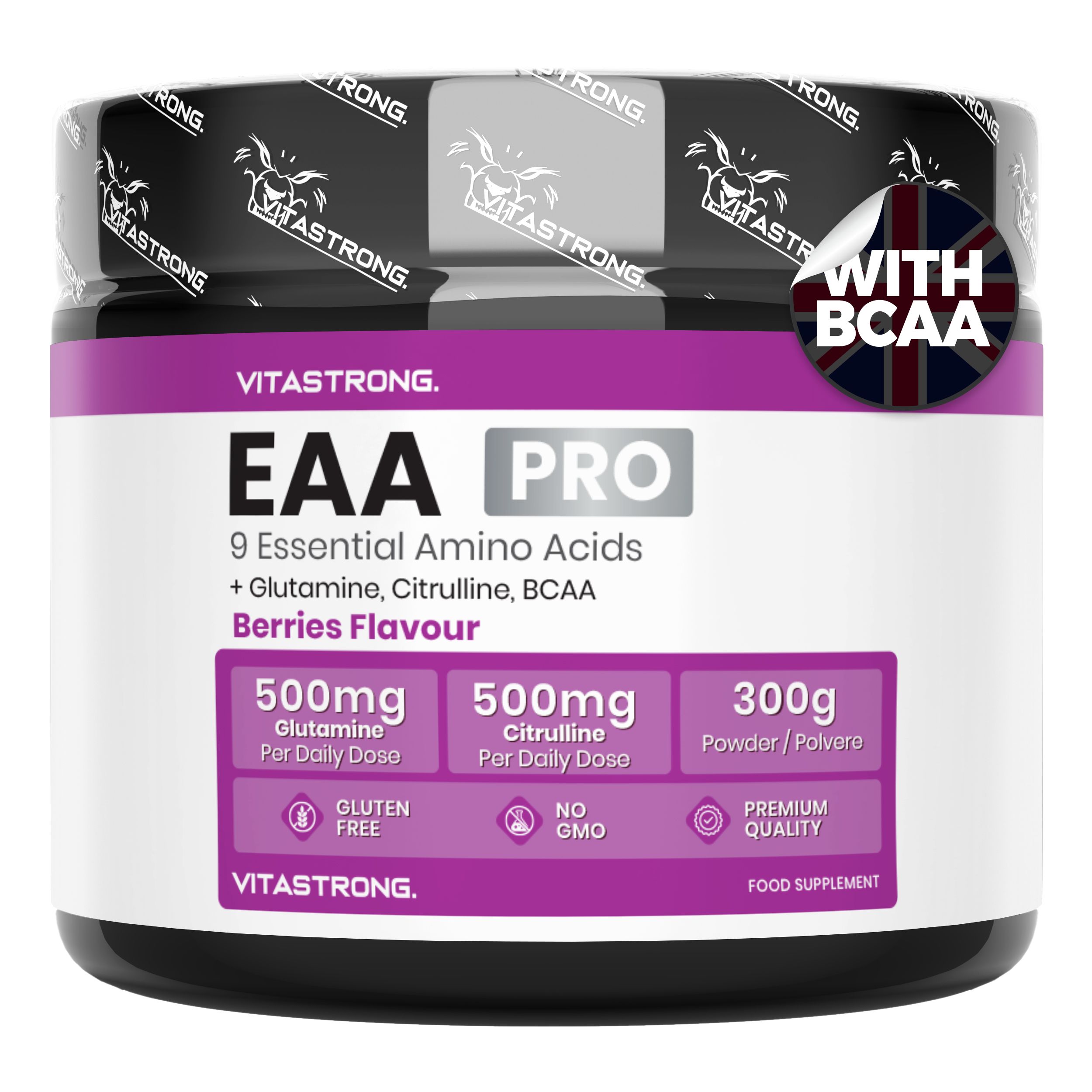 Vitastrong EAA Pro, pot. Contient 9 acides aminés essentiels, glutamine, citrulline, BCAA. Goût baies. 300g.