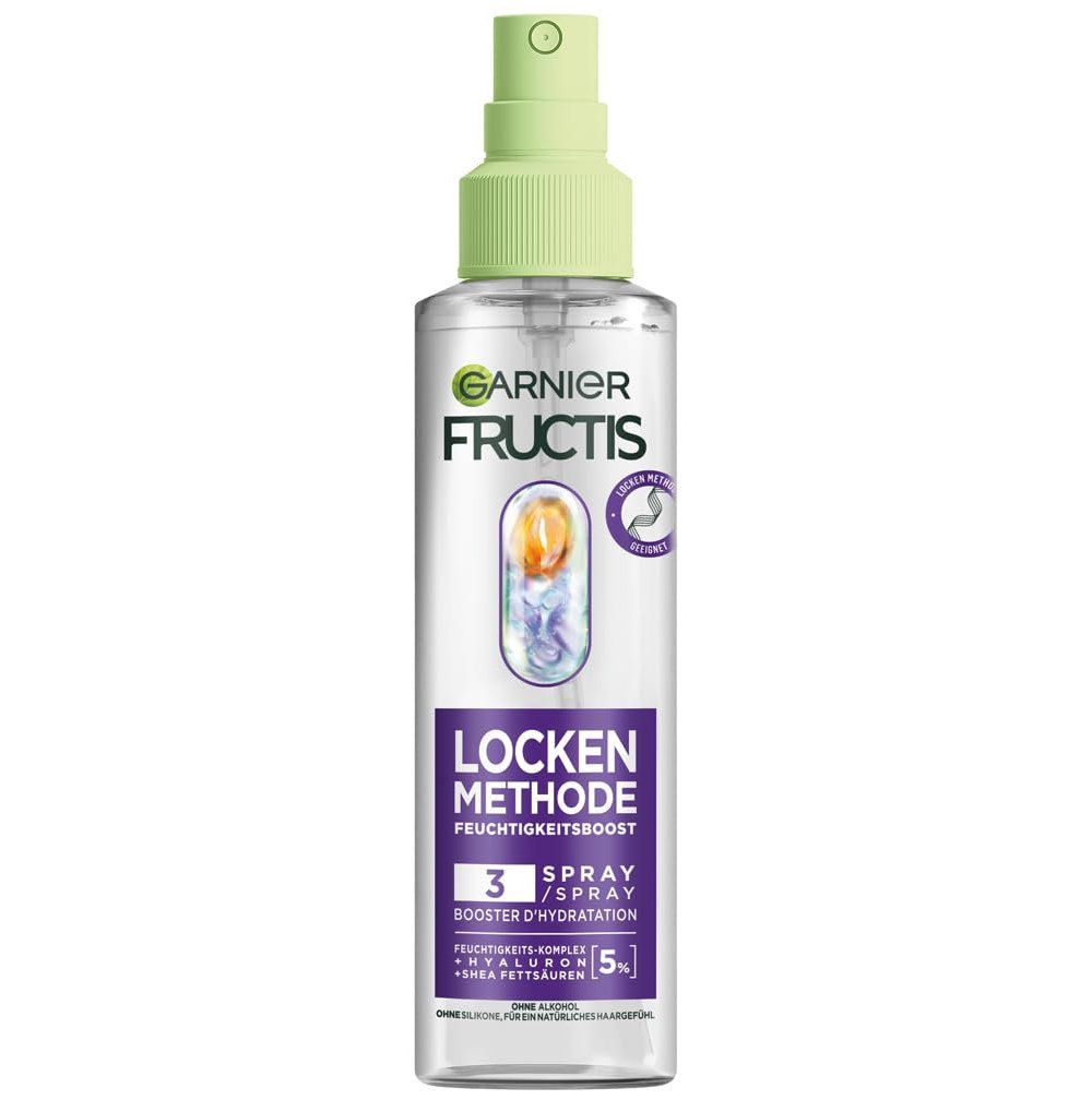 Flacon transparent avec vaporisateur vert. Inscription: Garnier Fructis, Locken Methode, Feuchtigkeitsboost, 3 Spray.
