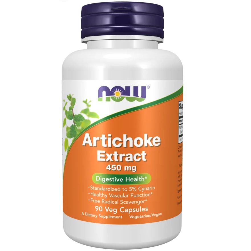 Witte fles met blauwe dop. Etiket met productnaam, Artichoke Extract, en merk NOW. 90 capsules.