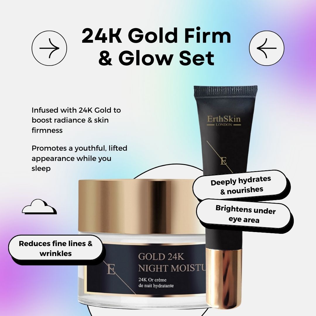 Ensemble ErthSkin London. Crème de nuit et contour des yeux. Couvercles dorés. Texte: 24K Gold. Éléments graphiques: flèches, bulles.