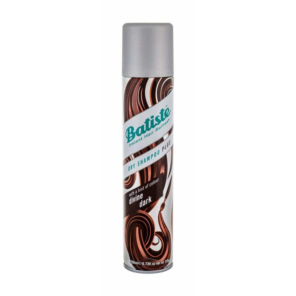 Batiste Dry Shampoo Plus Divine Dark. Bus met bruine krullen en tekst. Zilveren dop.
