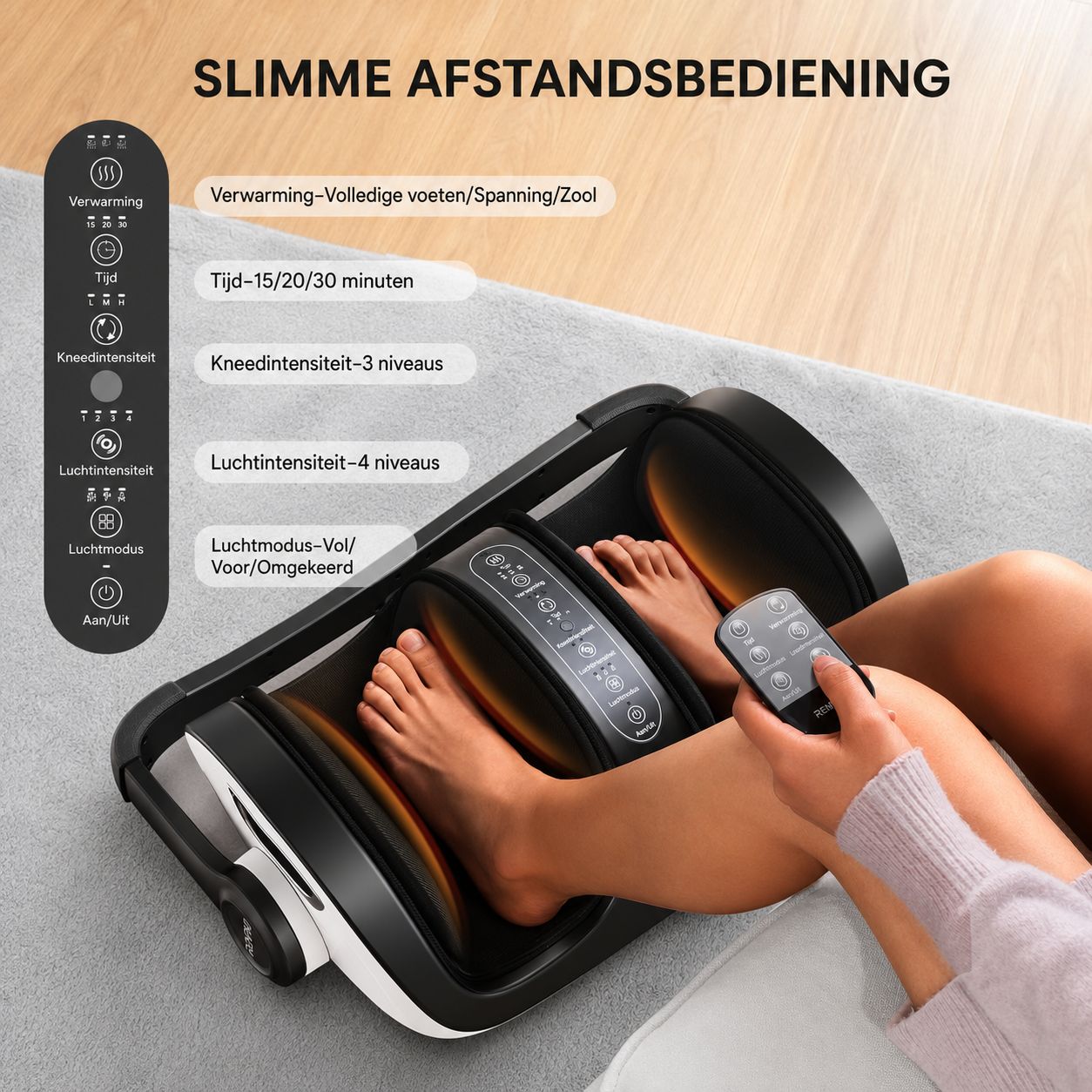 Elektrische voetmassager met afstandsbediening, toont diverse instellingen voor warmte, tijd, intensiteit en luchtmodus.