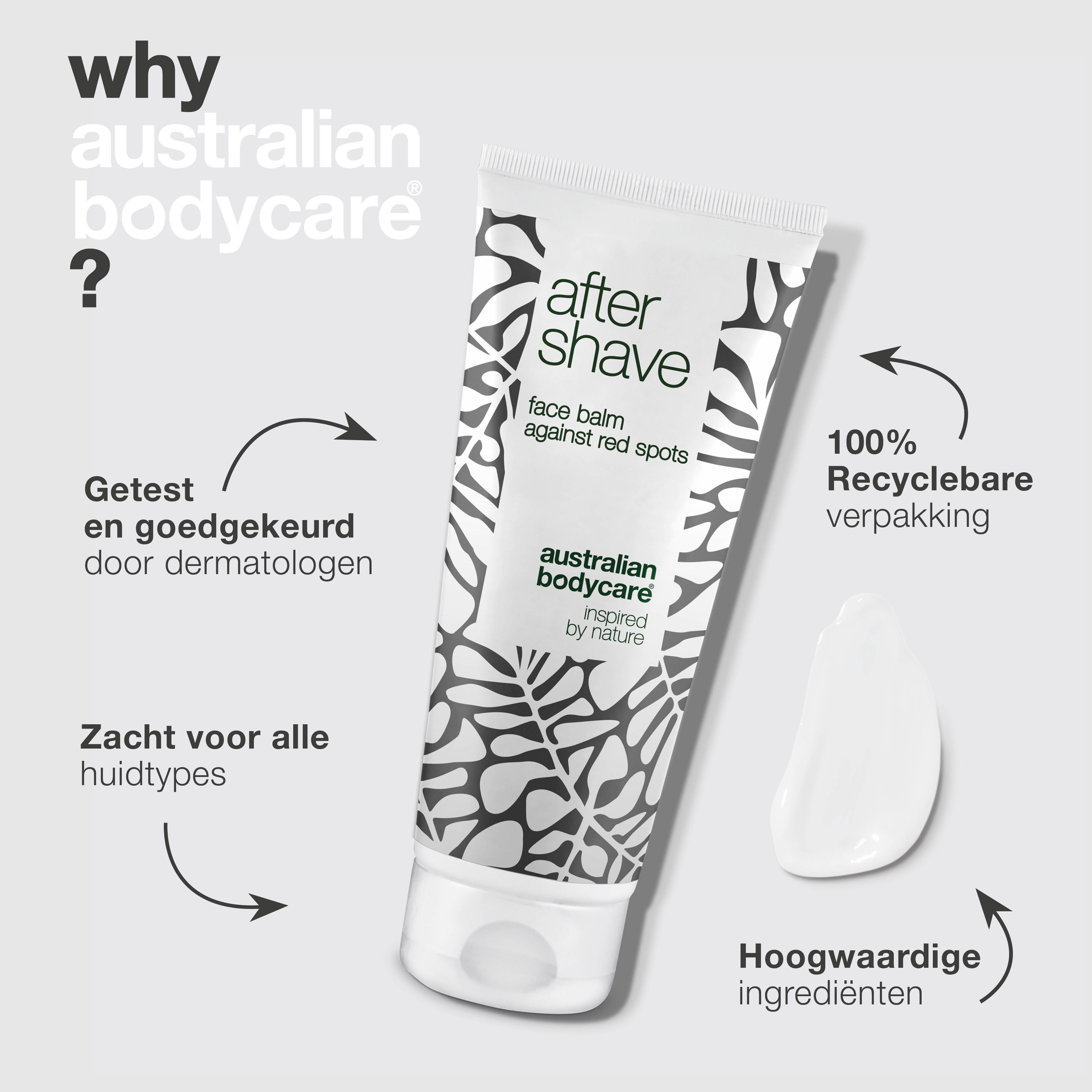 Product met tekst en citaat. Tekst: 'After shave face balm against red spots'. Logo: Australian Bodycare.