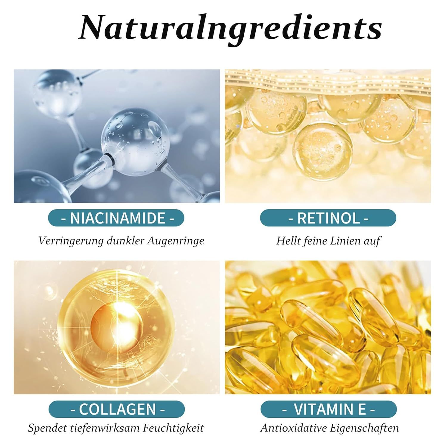 Ingrédients naturels de la crème Soleneva Rétinol : Niacinamide, Rétinol, Collagène, Vitamine E.