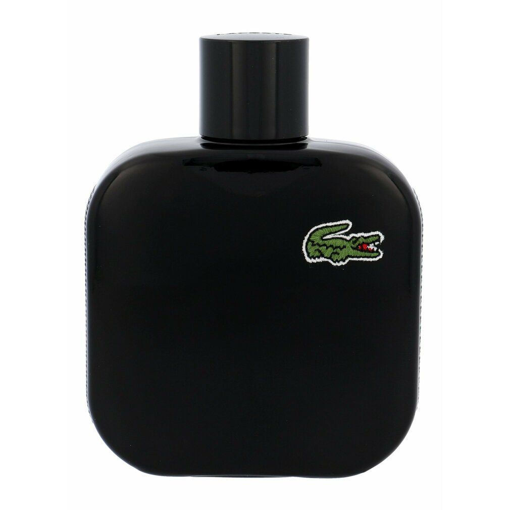 Flacon noir avec bouchon noir. Logo crocodile vert sur le flacon. Le flacon a une forme arrondie.