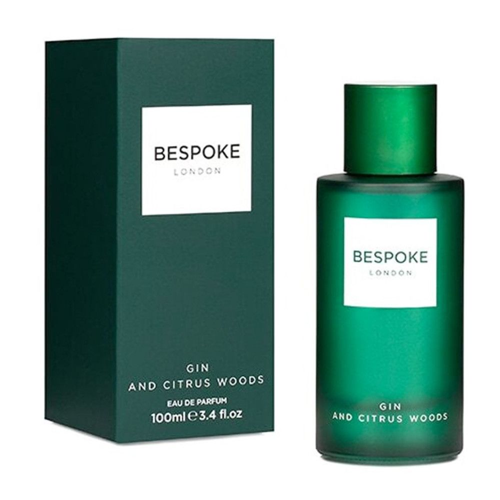 Flacon et boîte verts. Texte: Bespoke London, Gin and Citrus Woods, Eau de Parfum. 100ml 3.4 fl oz.