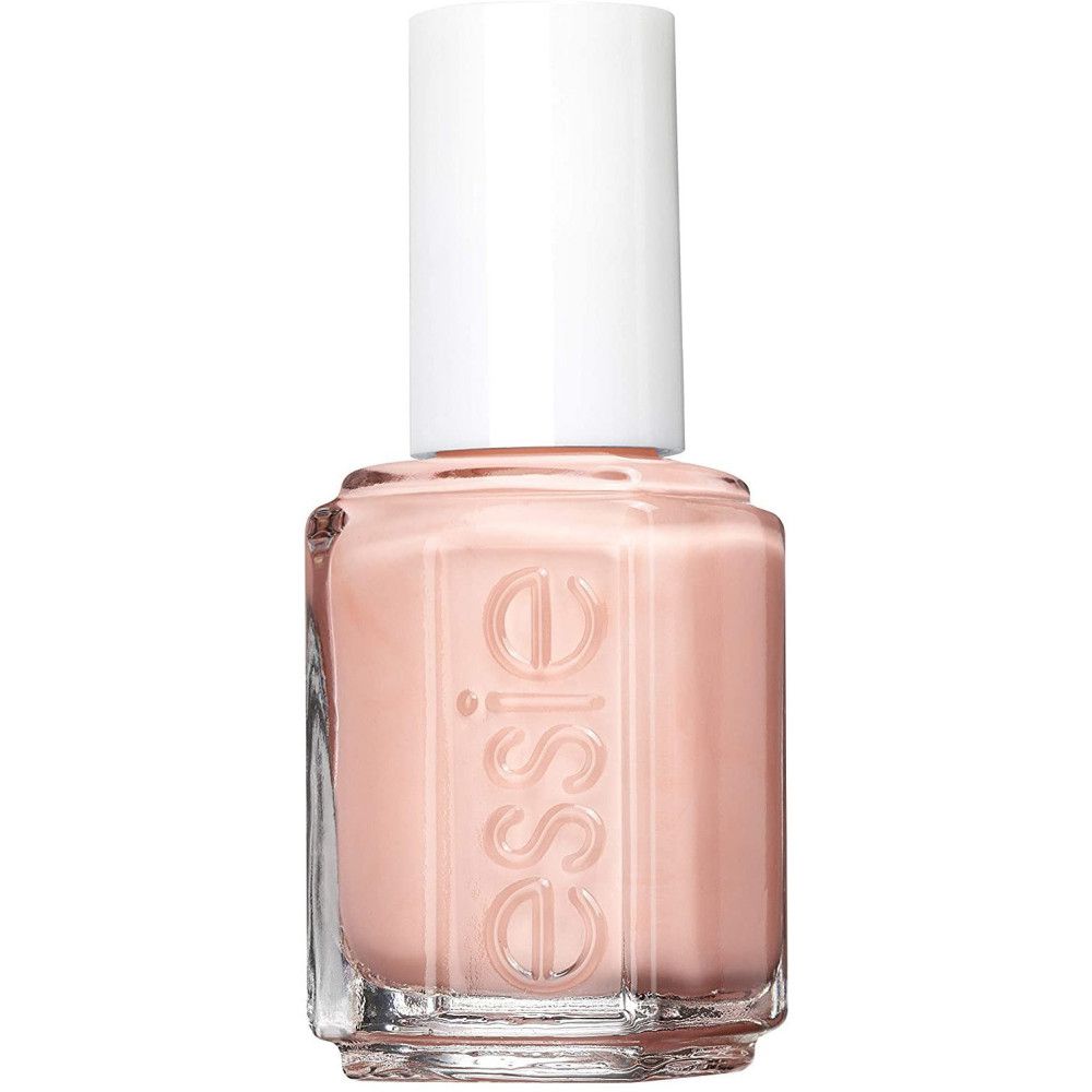 Nagellakfles met roze lak en witte dop. De merknaam 'essie' is op de fles gedrukt.