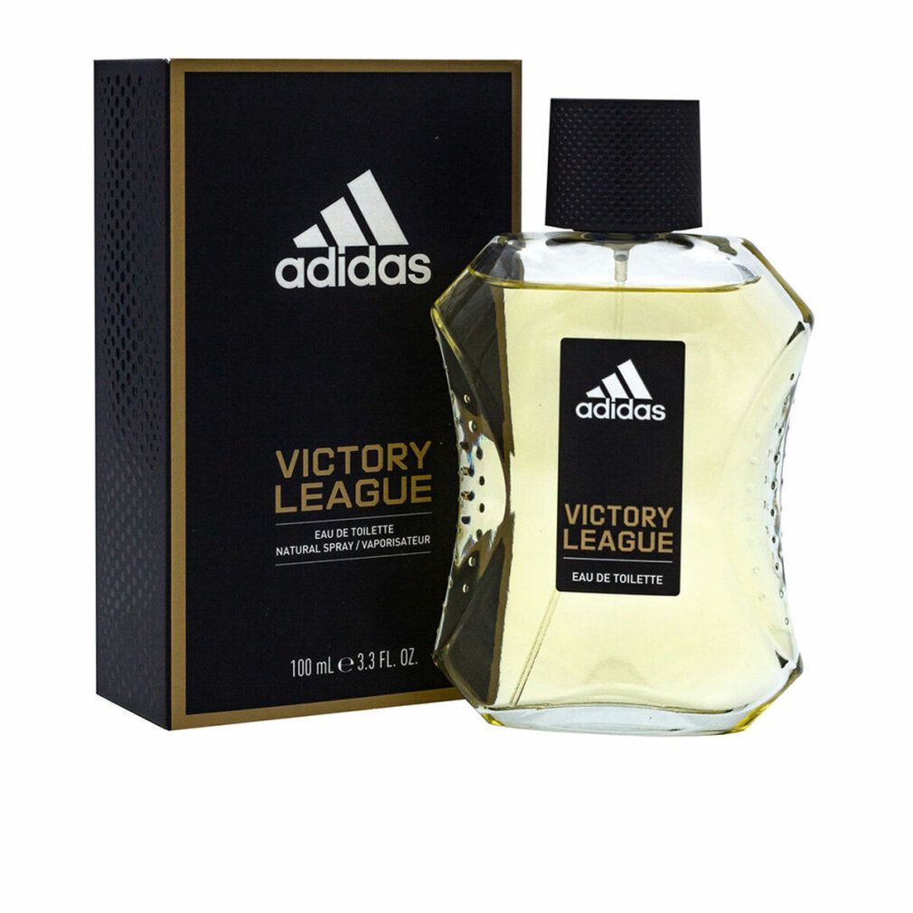 Flacon et boîte Adidas Victory League. Boîte noire avec détails dorés. Flacon avec bouchon noir.
