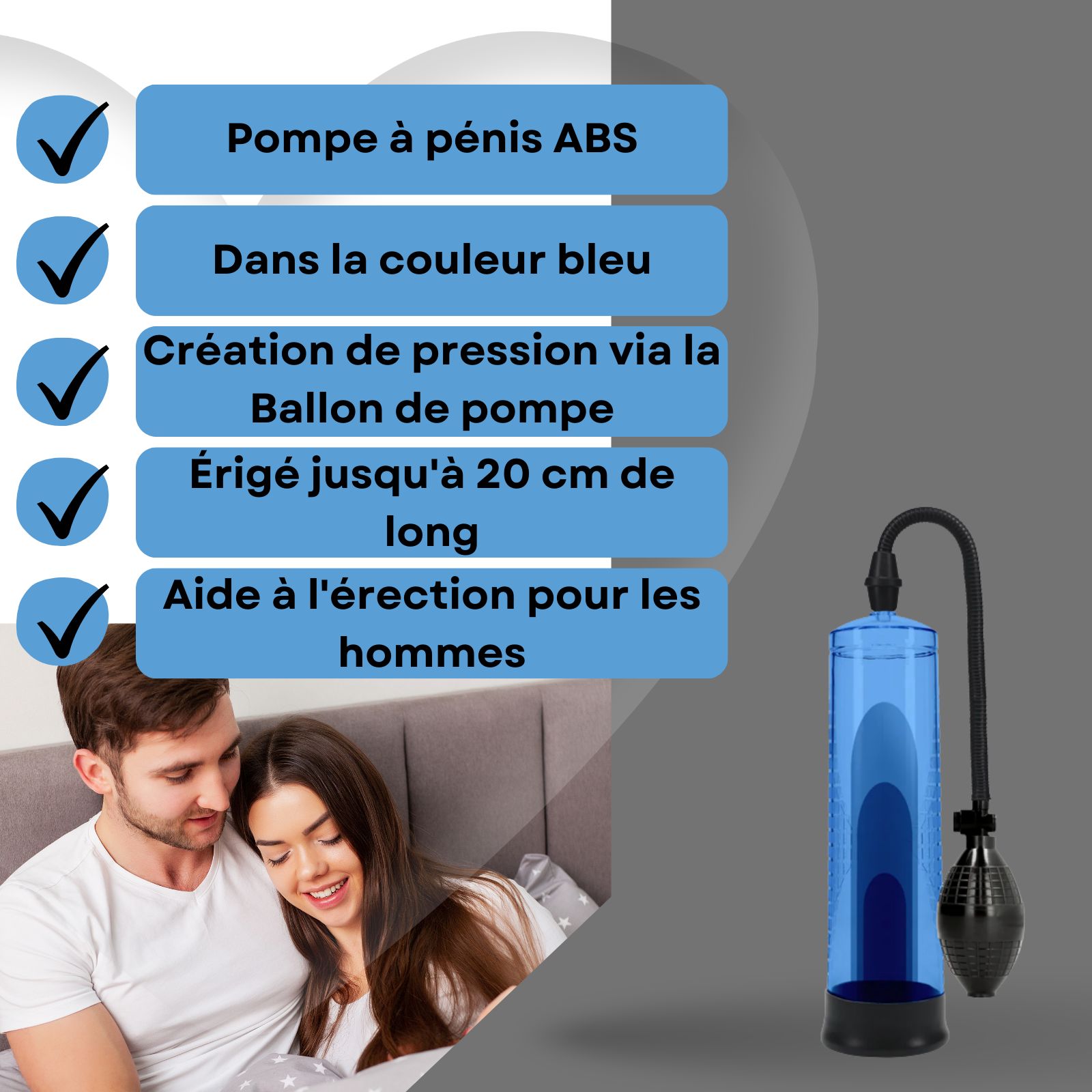 Image avec texte: Pompe à pénis en ABS, bleu, pression par poire, jusqu'à 20 cm, aide à l'érection.