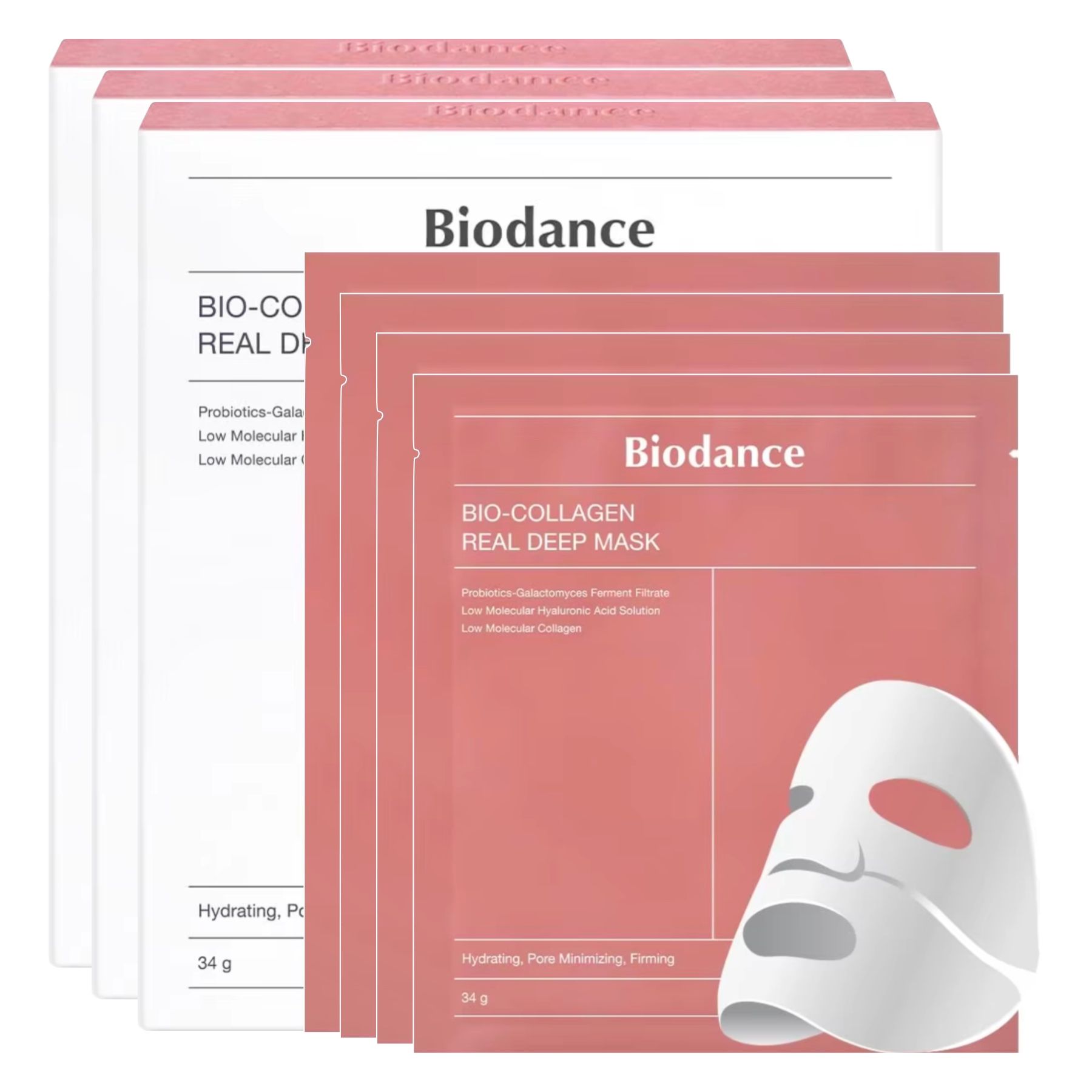Meerdere verpakkingen Biodance Bio-Collagen Real Deep Mask. Witte en roze verpakkingen. Tekst: Hydraterend, Poriën verminderend, Verstevigend. 34 g.