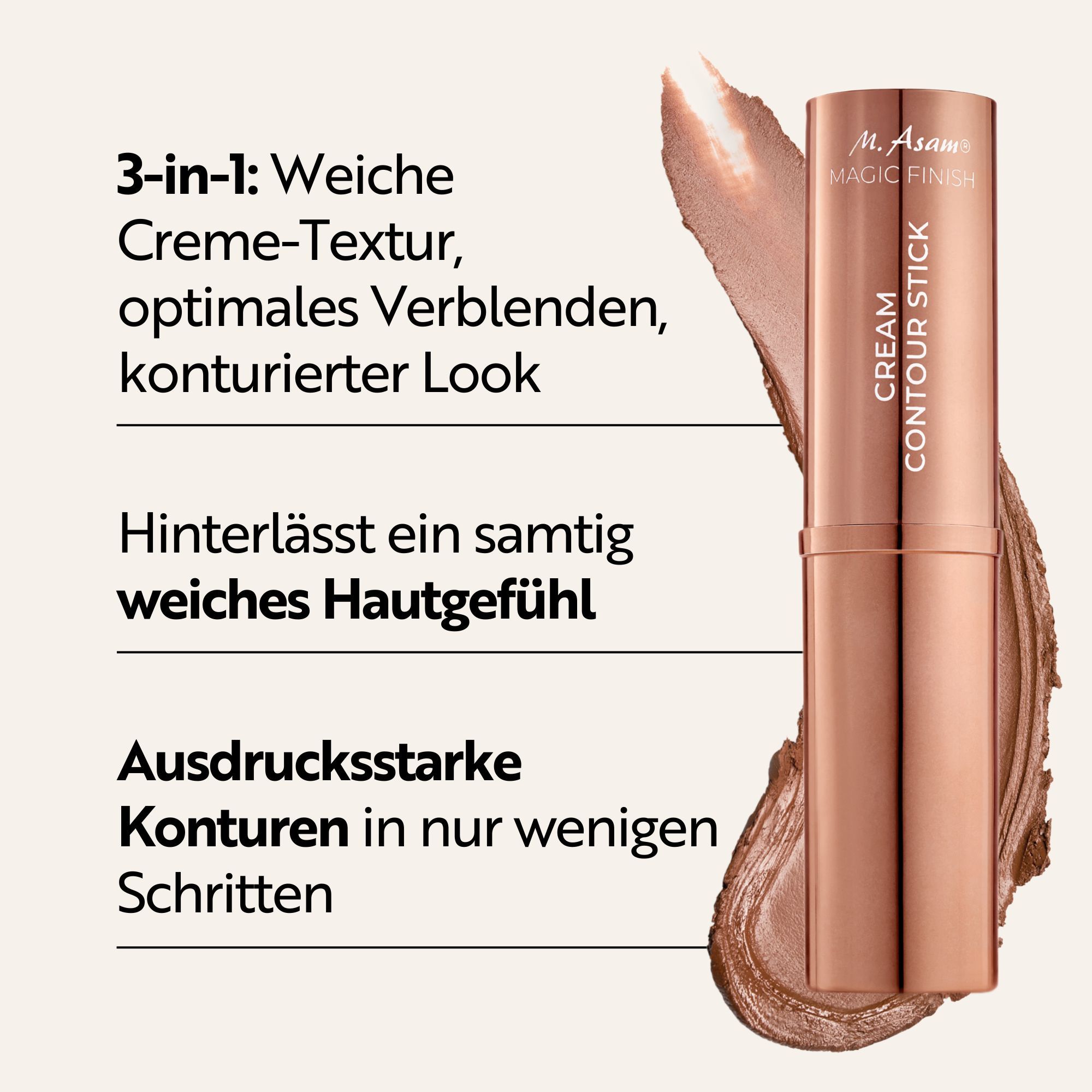 Texte avec informations sur le produit : 3-en-1, texture douce, mélange optimal, look contouré. Laisse une sensation de peau douce.