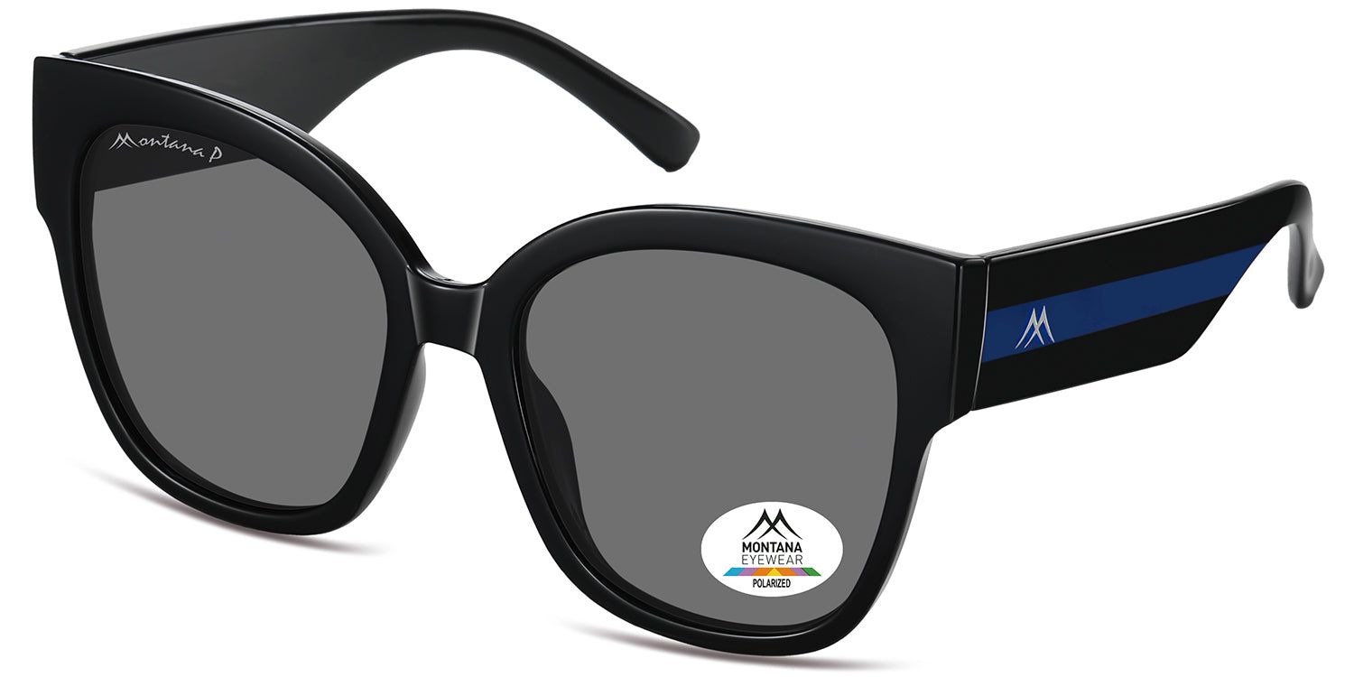 Lunettes de soleil noires avec verres gris. Logo Montana Eyewear sur la branche gauche. Logo polarisé sur le verre droit.