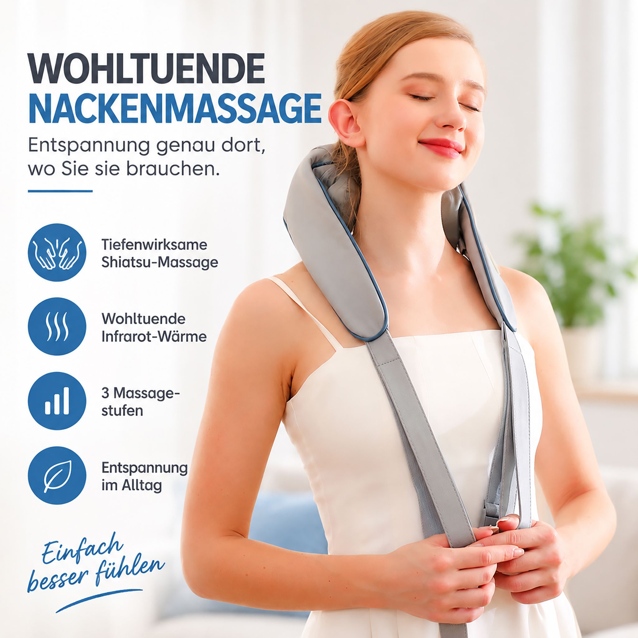 Grijze nekmassager met shiatsu-massage en warmtefunctie, gedragen door een vrouw in een wit topje.