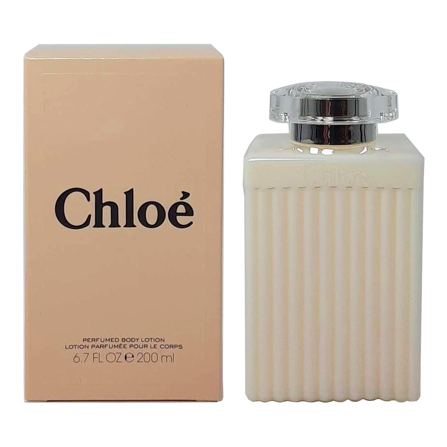 Flacon de lotion beige et carton. Flacon cannelé, bouchon cristal. Carton avec logo Chloe.
