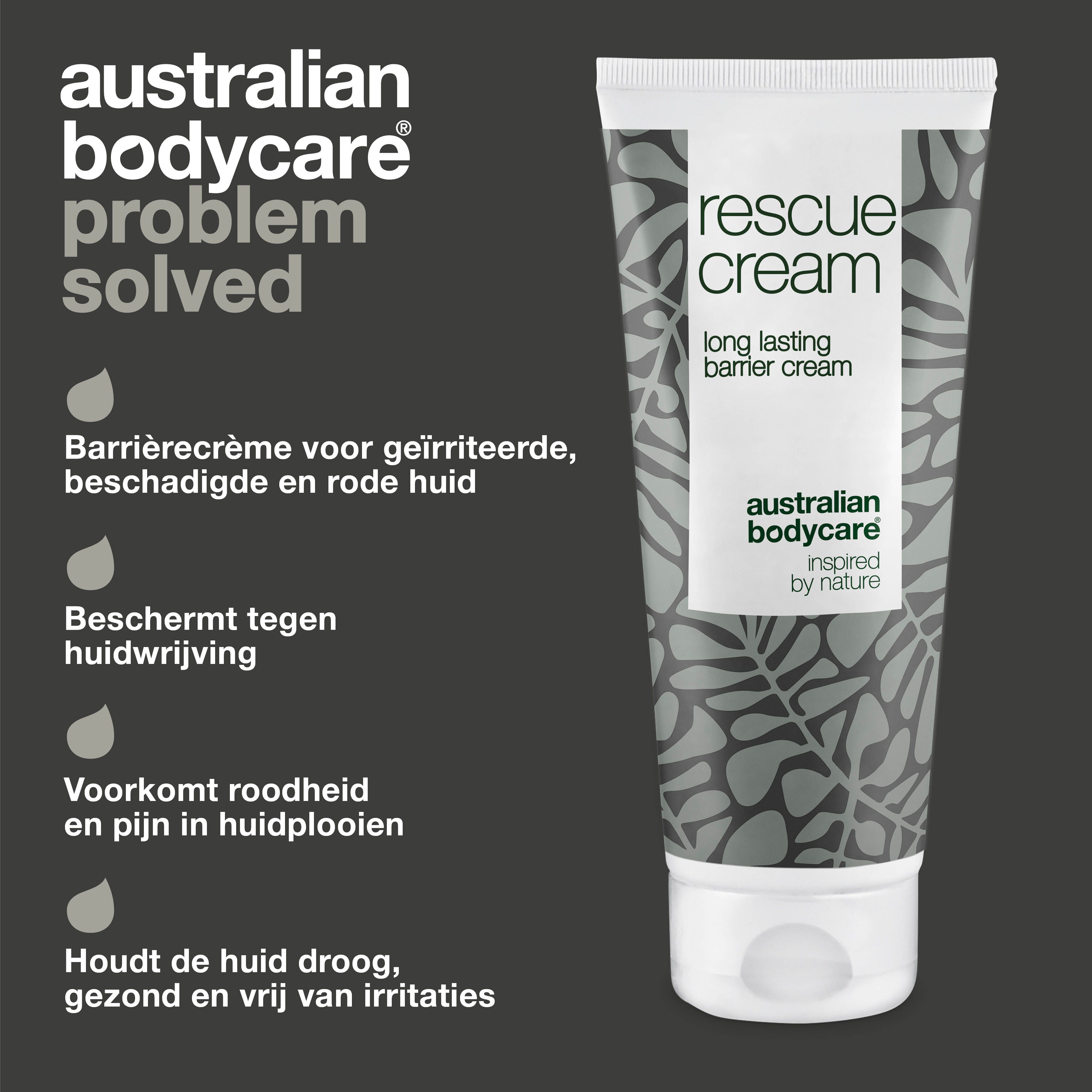 Tekst en tube barrièrecrème. Tekst: rescue cream, australian bodycare.