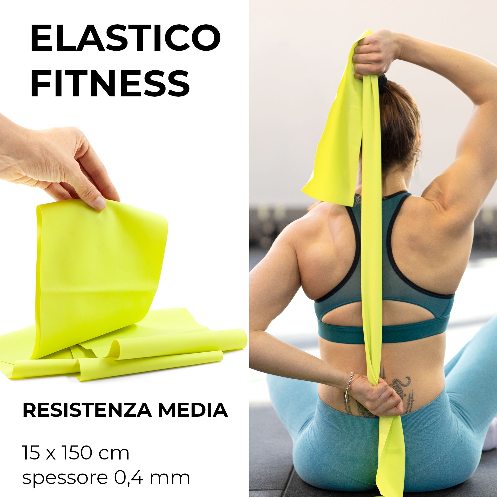 Bande de fitness 15x150 cm, montrée dans la main et utilisée par une femme.