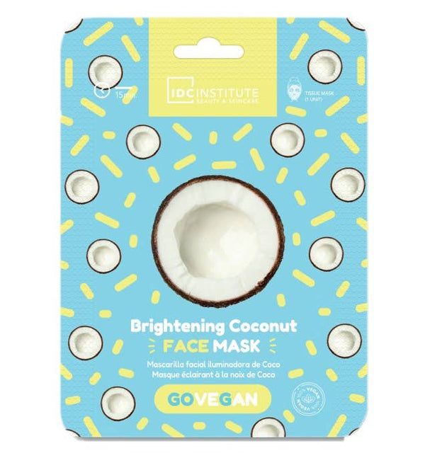 Masque visage à la noix de coco. Fond bleu clair avec illustrations de noix de coco et informations produit.
