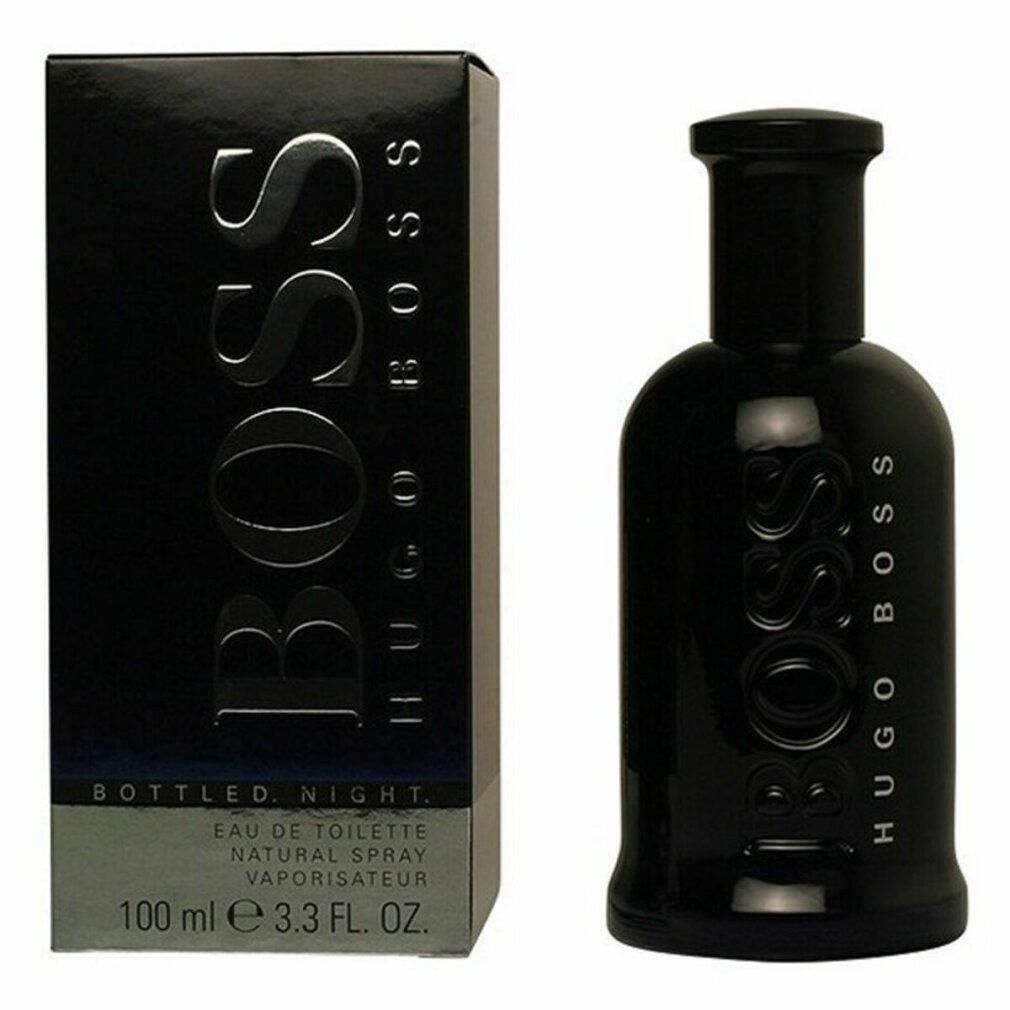 Flacon et boîte noirs. Logo BOSS HUGO BOSS. Texte "BOTTLED NIGHT". Eau de Toilette Spray.