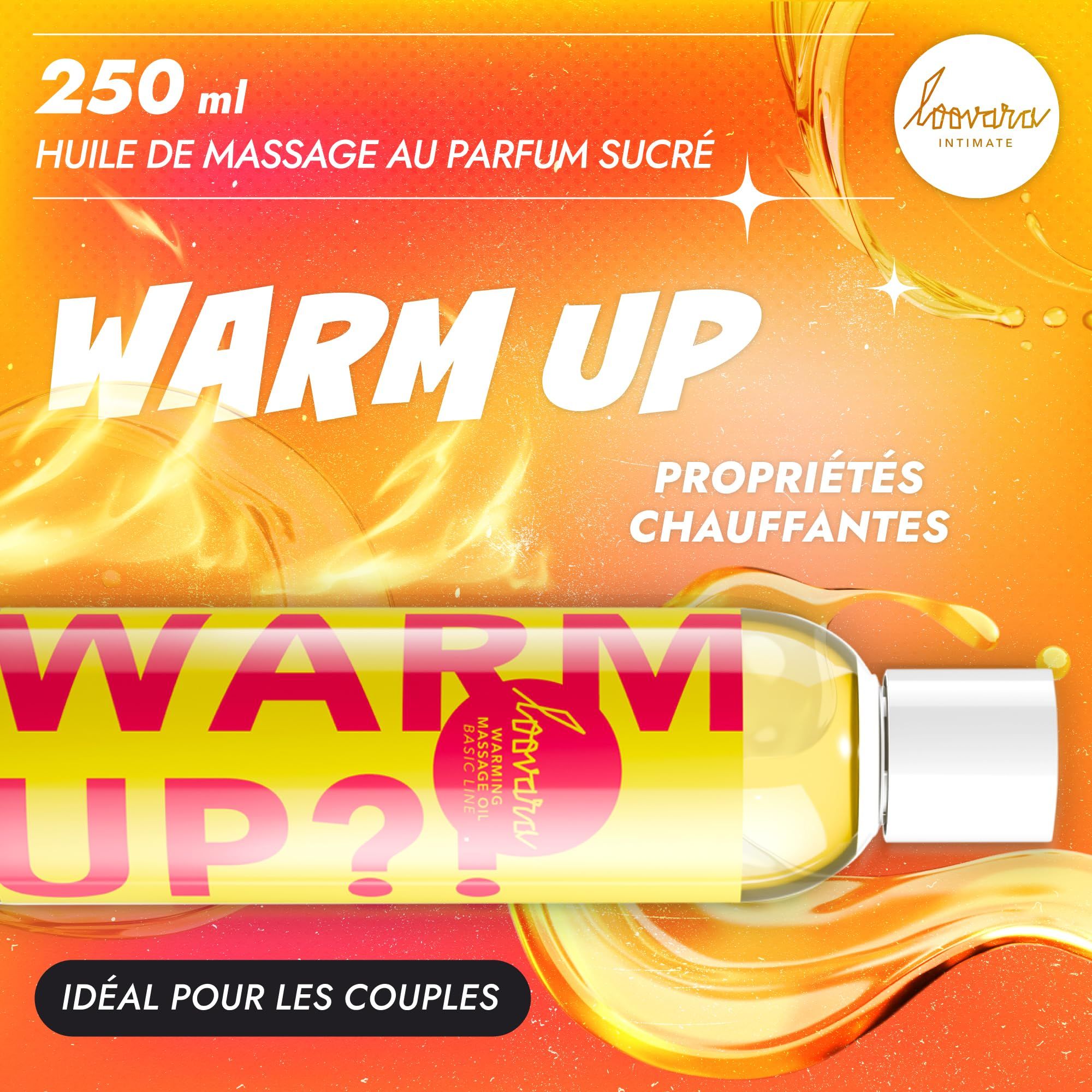 Bouteille d'huile de massage Loovara Warm Up avec étiquette jaune, entourée d'éclaboussures d'huile.