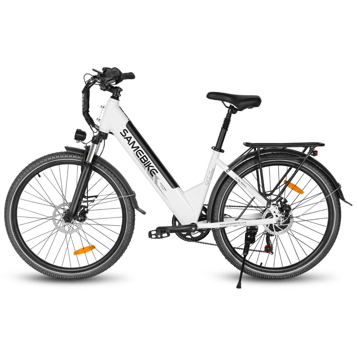 Vélo électrique blanc et noir. Marque SAMEBIKE. Feux avant et arrière. Porte-bagages.