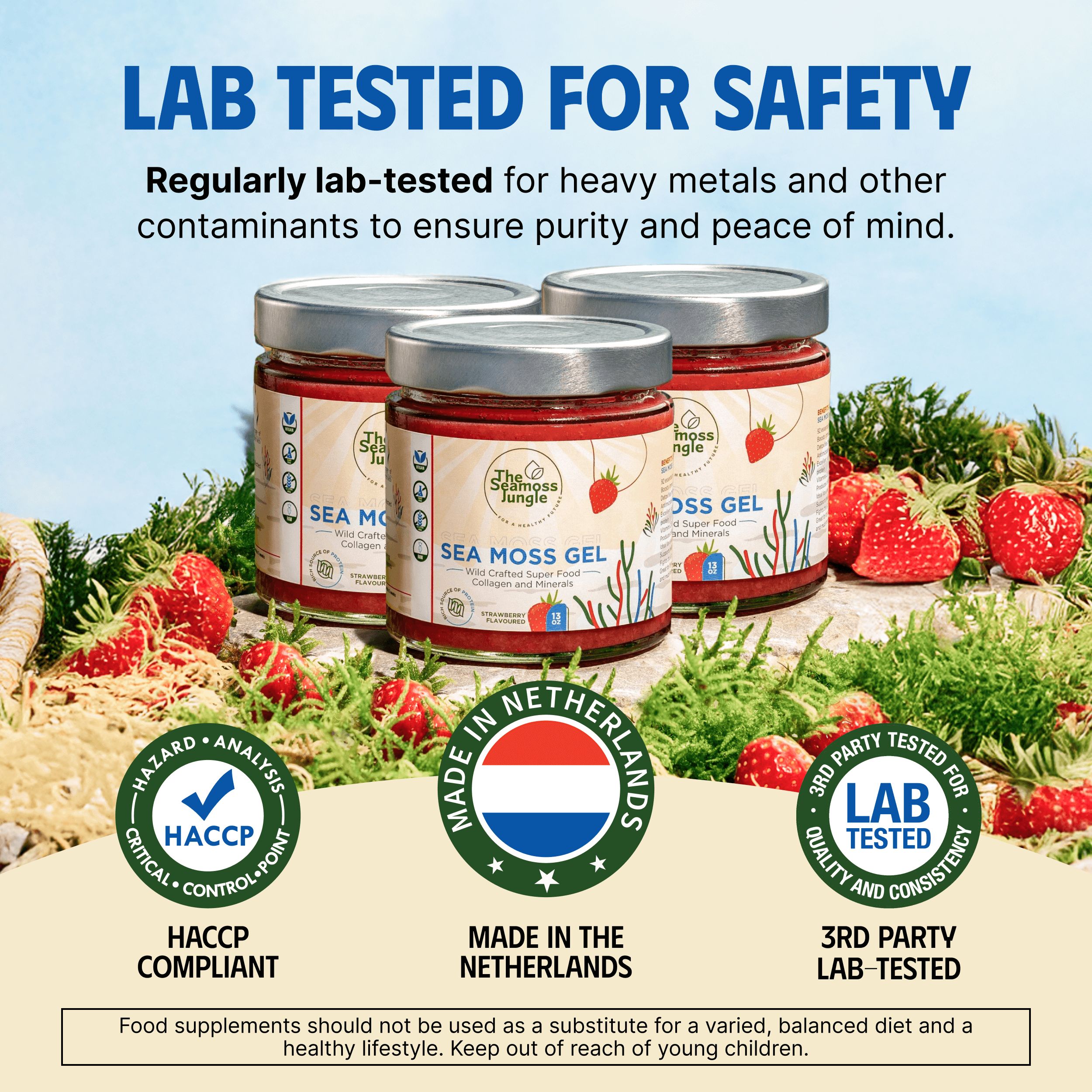 Drie potjes Sea Moss Gel, aardbeien, certificeringen: HACCP, Made in Netherlands, 3rd Party Lab-Tested.