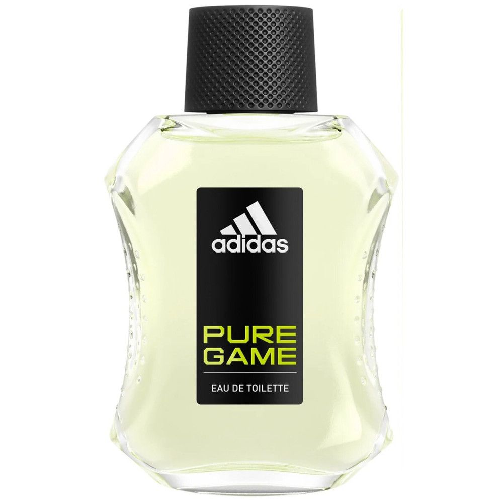 Flacon Adidas Pure Game Eau de Toilette. Bouchon noir, flacon transparent avec étiquette noire et nom du produit.