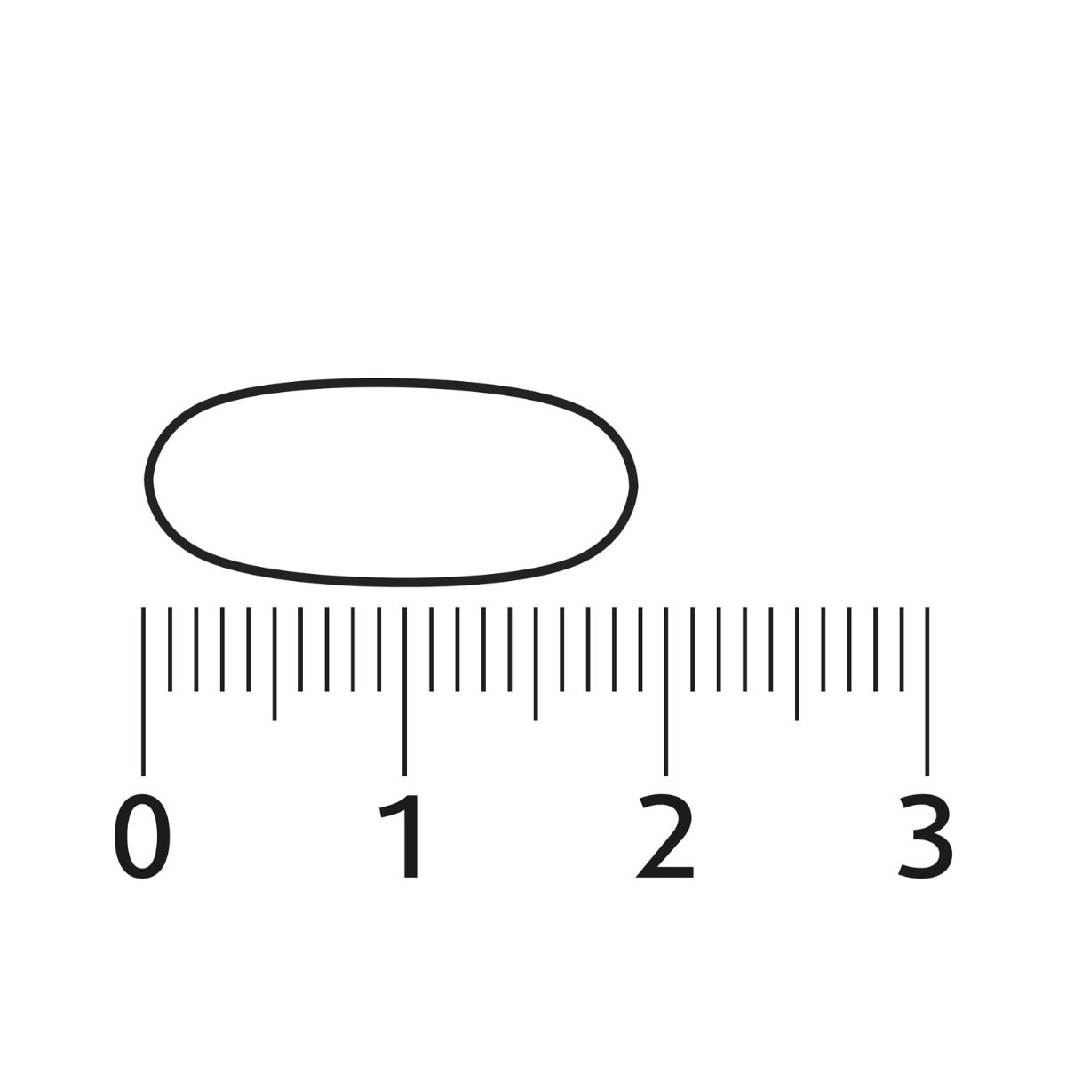 Contour de comprimé. Ovale, noir, sur une échelle pour l'évaluation de la taille.