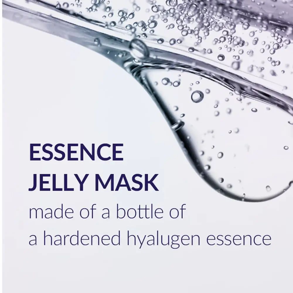Tekst op lichte achtergrond: ESSENCE JELLY MASK made of a bottle of a hardened hyalugen essence.