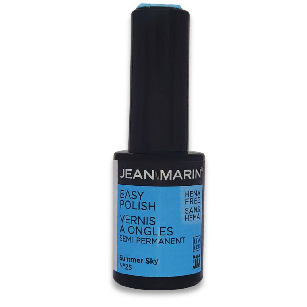 Flacon de vernis à ongles Jean Marin. Étiquette bleue avec texte: Easy Polish, Vernis à Ongles, Semi Permanent. Sans HEMA. Couleur: Summer Sky.