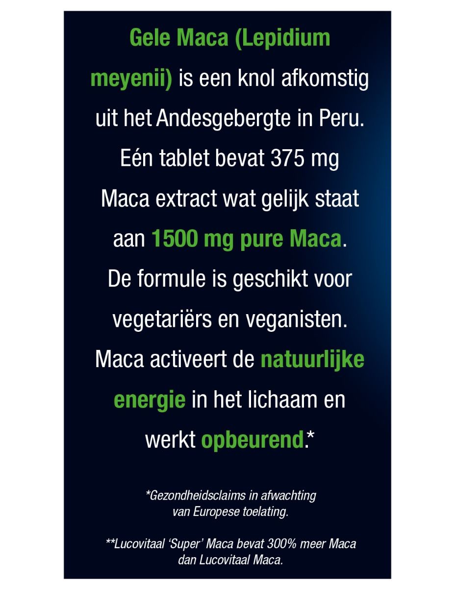 Tekst op blauwe achtergrond. Beschrijft Gele Maca (Lepidium meyenii) en eigenschappen. Geschikt voor vegetariërs en veganisten.