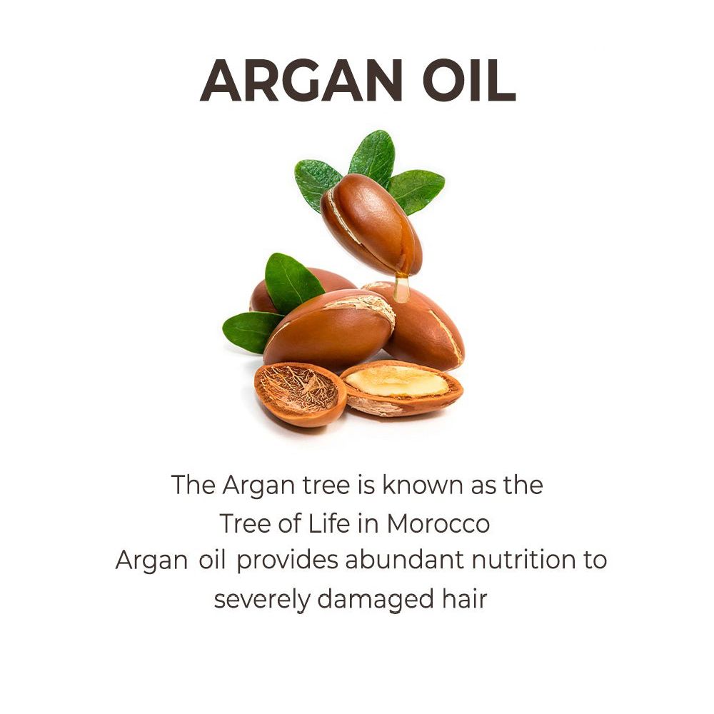 Image d'huile d'argan avec feuilles et noix. Texte : L'arganier est connu comme l'arbre de vie au Maroc. Huile d'argan pour cheveux abîmés.