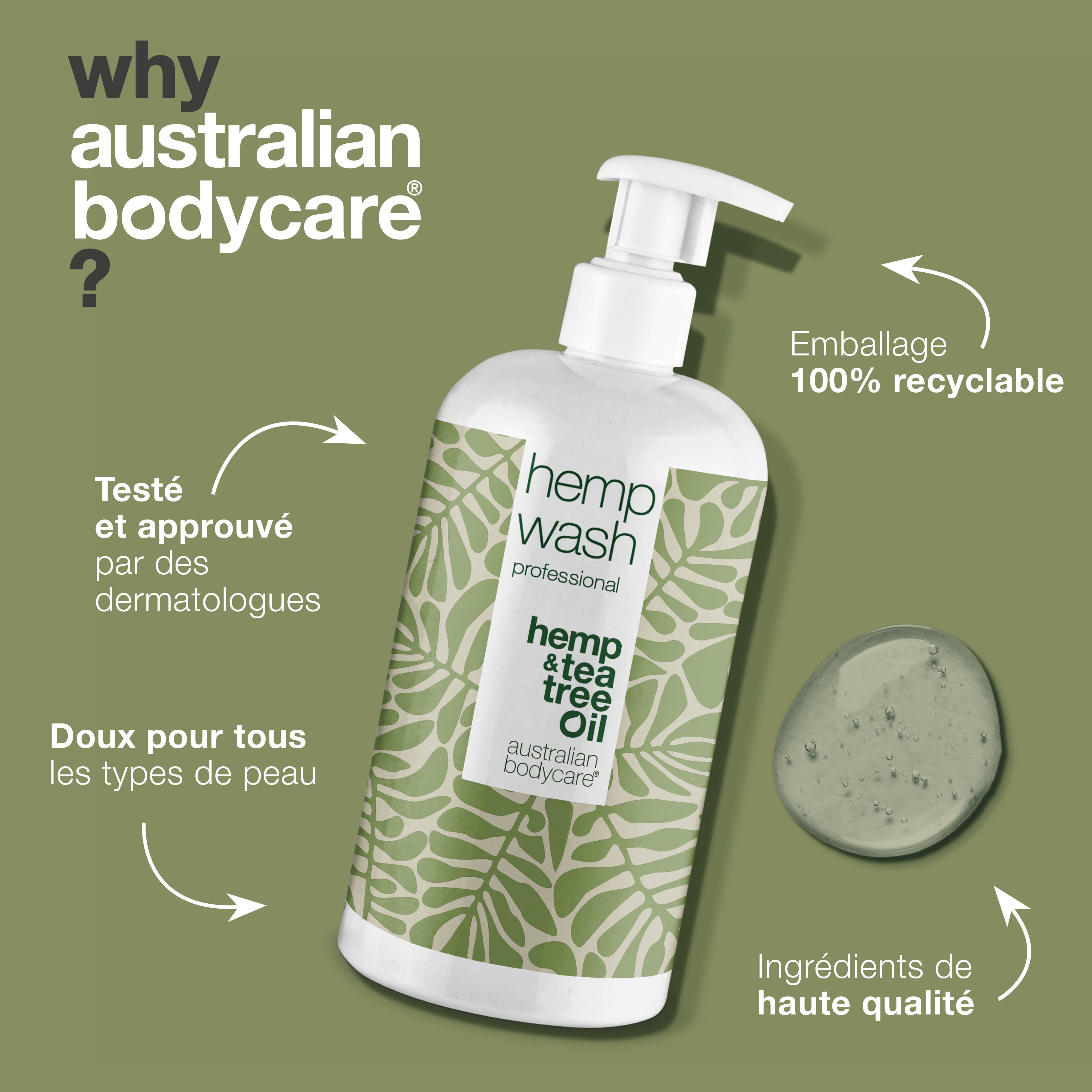 Produit à côté du texte: testé par des dermatologues, doux pour tous les types de peau, emballage 100% recyclable, ingrédients de qualité.