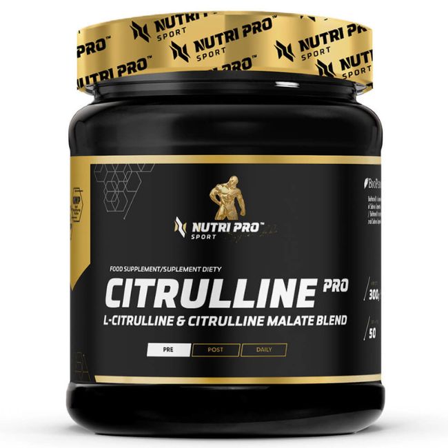 Récipient noir avec Nutri Pro Sport Citrulline Pro L-Citrulline & Citrulline Malate Blend.