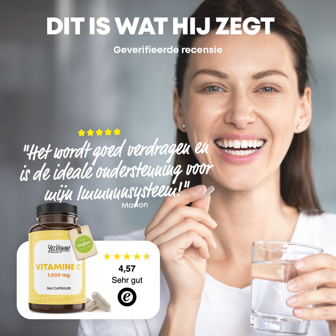 Fles met 365 vegane vitamine C capsules, 1000 mg. Jaarvoorraad.