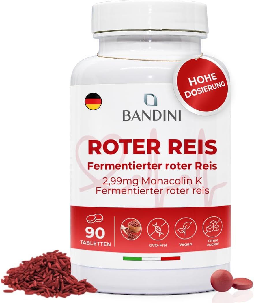 Flacon blanc Bandini Roter Reis. Étiquette rouge avec texte: Roter Reis, 90 comprimés. Comprimés rouges à côté.