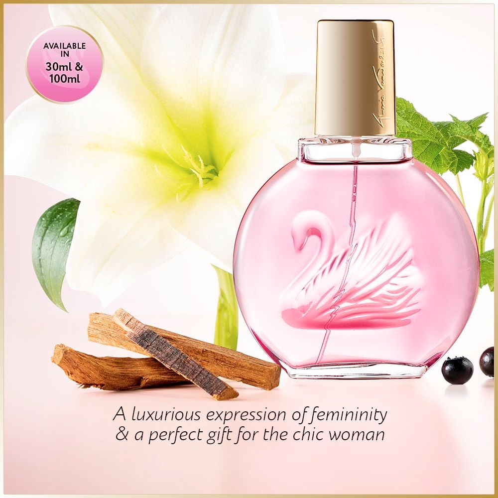 Flacon de parfum rose avec bouchon doré, cygne en relief. Fond avec fleurs et texte.