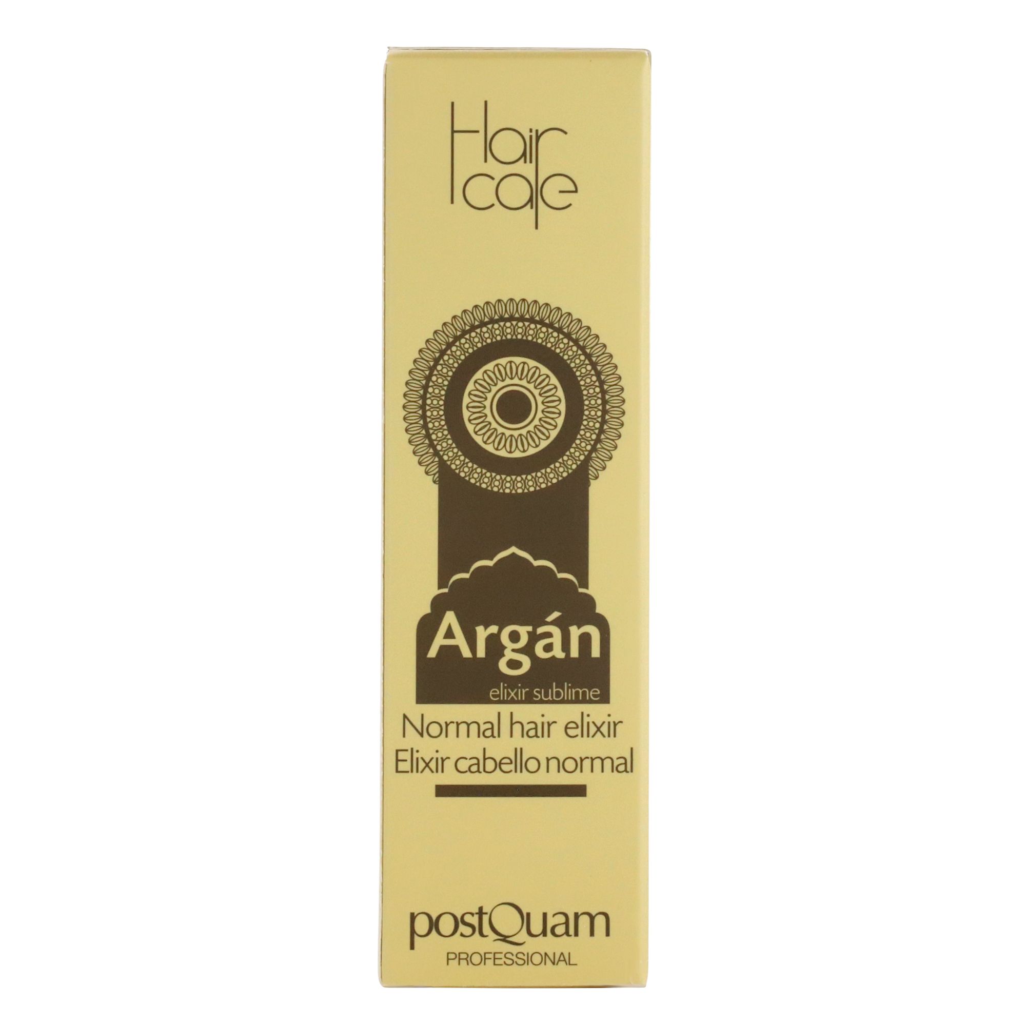 Emballage en carton avec nom du produit et logo. Couleurs beige et marron.