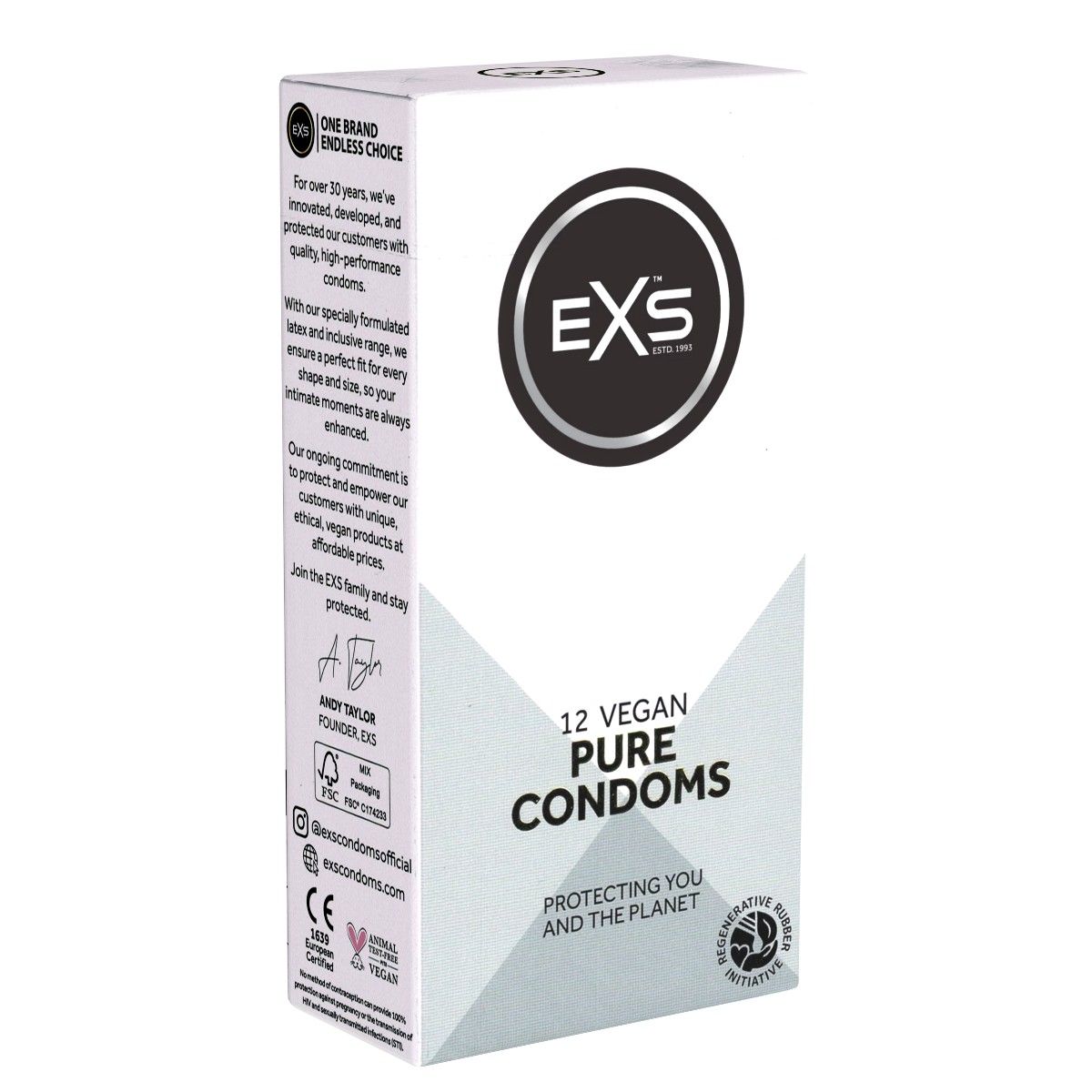 Witte doos met EXS logo. 12 vegan Pure condooms. Tekst: Protecting you and the planet.