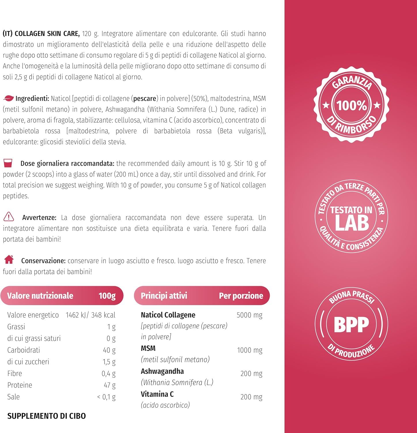 Informations sur le produit sur fond rose. Ingrédients, valeurs nutritionnelles, dose quotidienne recommandée. Garantie de remboursement à 100 %.