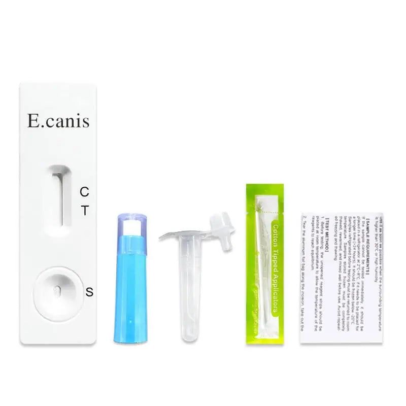 E. canis sneltestkit met testcassette, monsterbuisje, wattenstaafje en instructies.
