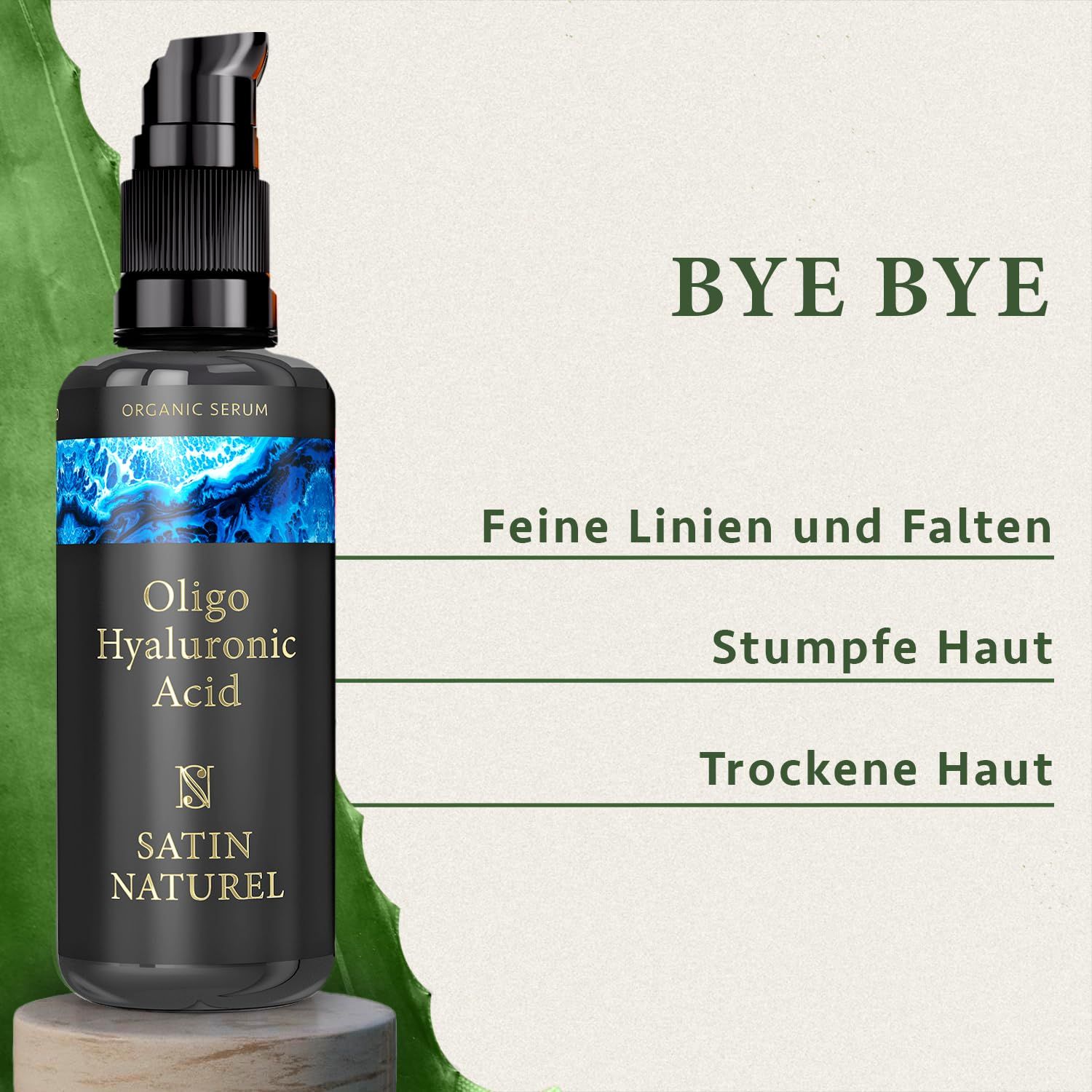 Donker flesje met pompdispenser, Oligo Hyaluronic Acid Serum van Satin Naturel.