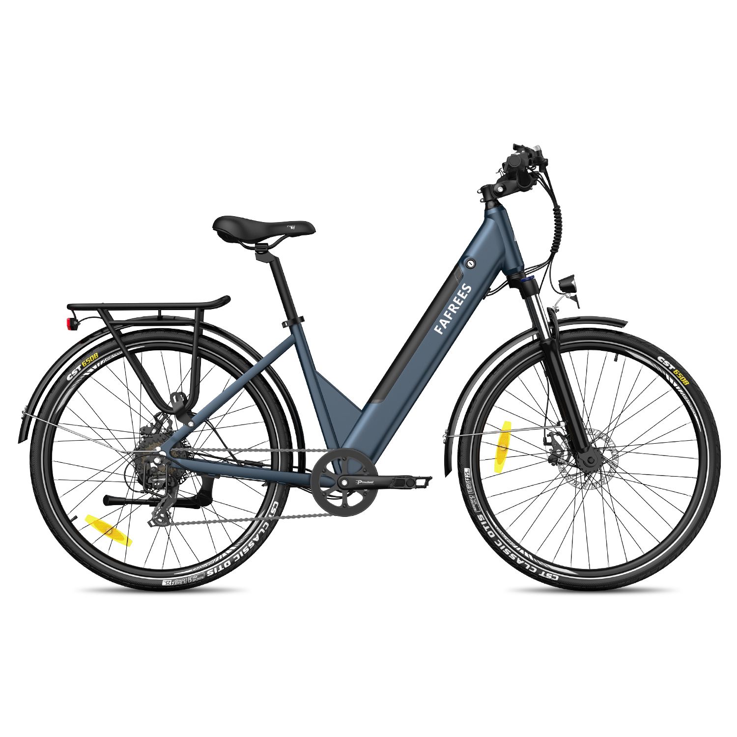Vélo électrique bleu avec porte-bagages. Marque FAFREES. Pneus et garde-boue noirs. Réflecteurs jaunes.