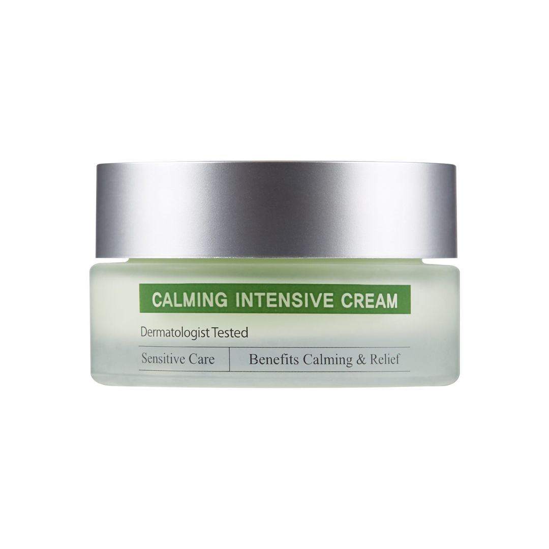 Crèmepot met zilveren deksel. Opschrift: CALMING INTENSIVE CREAM. Dermatologisch getest. Sensitive Care.